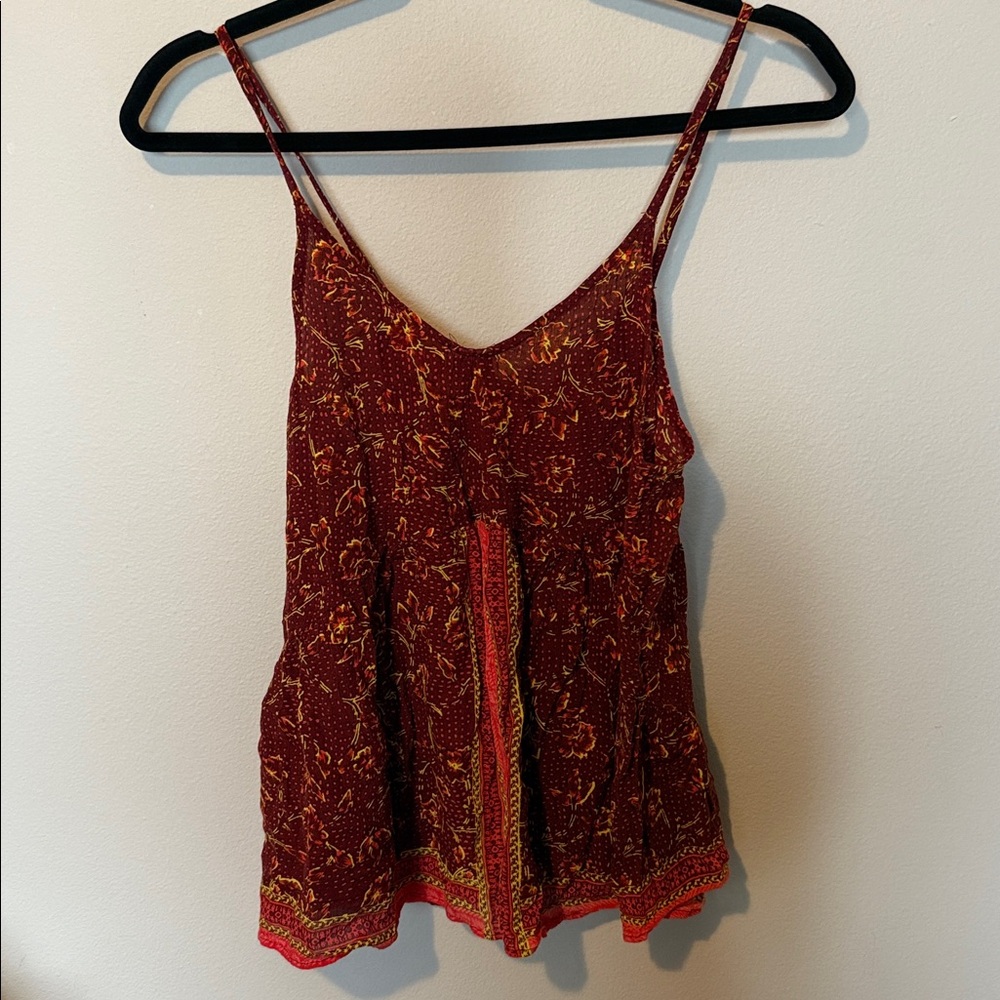 Free People Red Orange Floral Tank Spaghetti Strap Womens Med 100% Rayon Boho - Picture 7 of 11